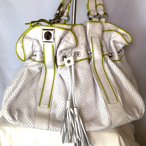 FRANCESCO BIASIA white leather lime green trimmed hobo style shoulder bag. - Picture 2 of 14